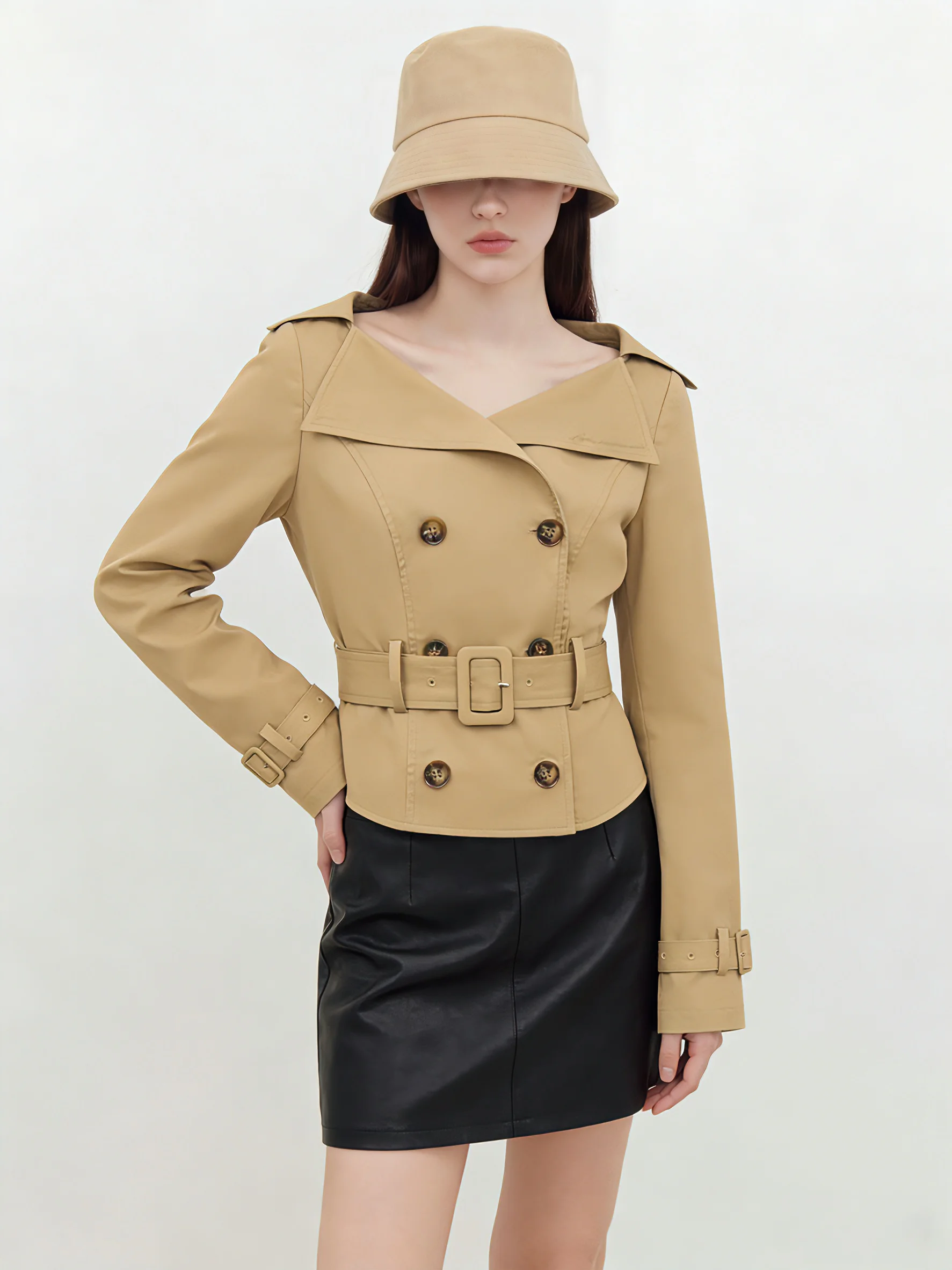 

Spring Early Kaki Short Coat Women's Waist-Cinching Turn-down Collar Beautiful Jacket Stylish Commute Style Standard Fit Cotton