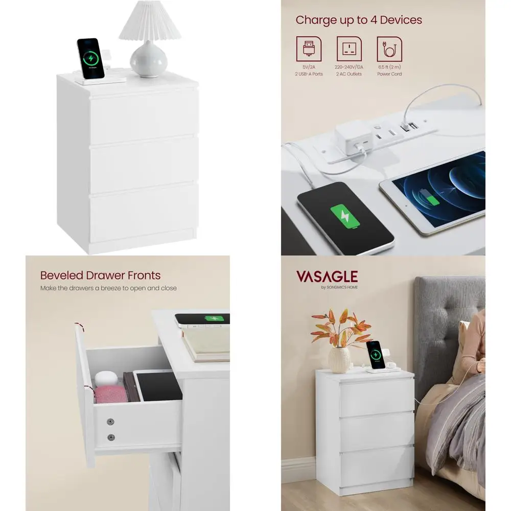 

Современная прикроватная тумбочка с 3 ящиками, 2 розетками переменного тока и 2 USB-портами