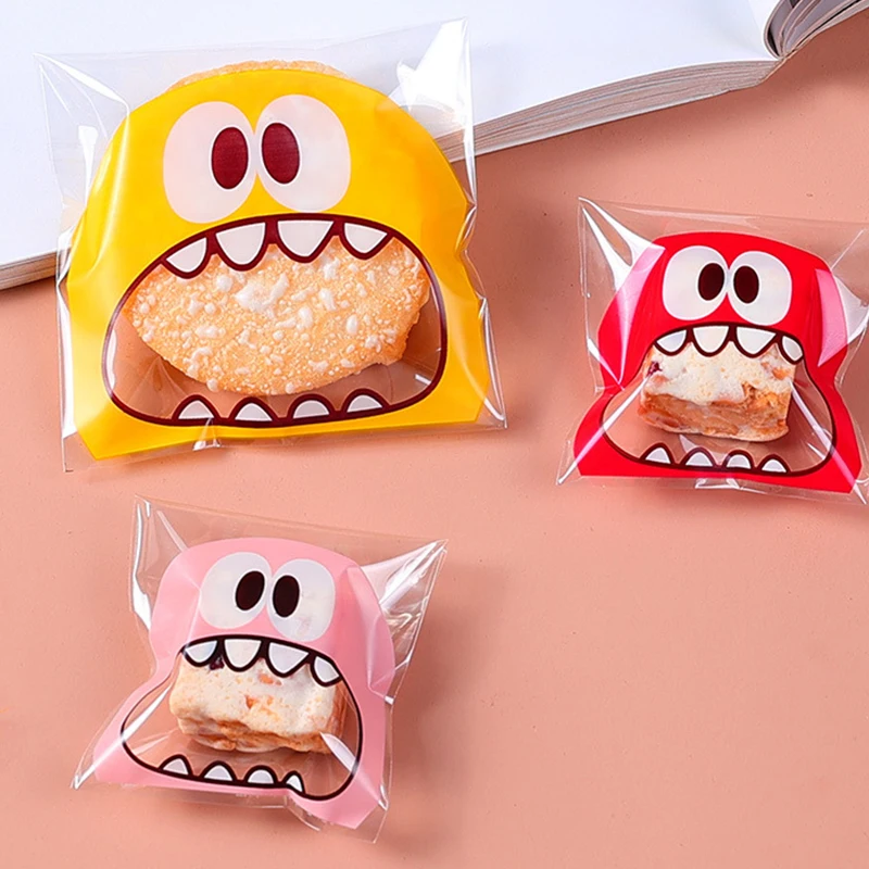 100PCS Cute Cartoon Monster Cookie Candy Self-Adhesive Plastic Bags For Biscuits Snack Baking Supplies Ramadan Valentine\'s Day