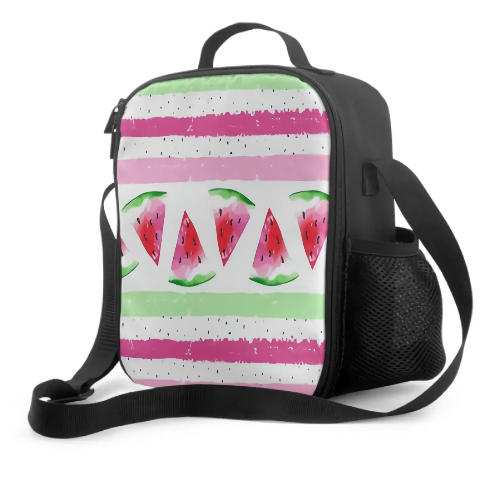 Watercolor Watermelon With Pink Mint Green Stripes Lunch Box Insulated Meal Bag Summer Sliced Fruit Lunch Bag Food Container