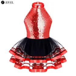 Kids Girls Glitter Sequins Halter Ballet Dance Tutu Dress Gymnastics Leotard Modern Latin Jazz Dancing Performance Costume