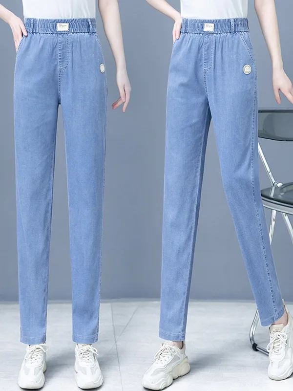 

High Waist Straight Leg Thin Ice Silk Slimming Casual Nine Point Jeans Women's Summer New Sle Denim Harem Pants