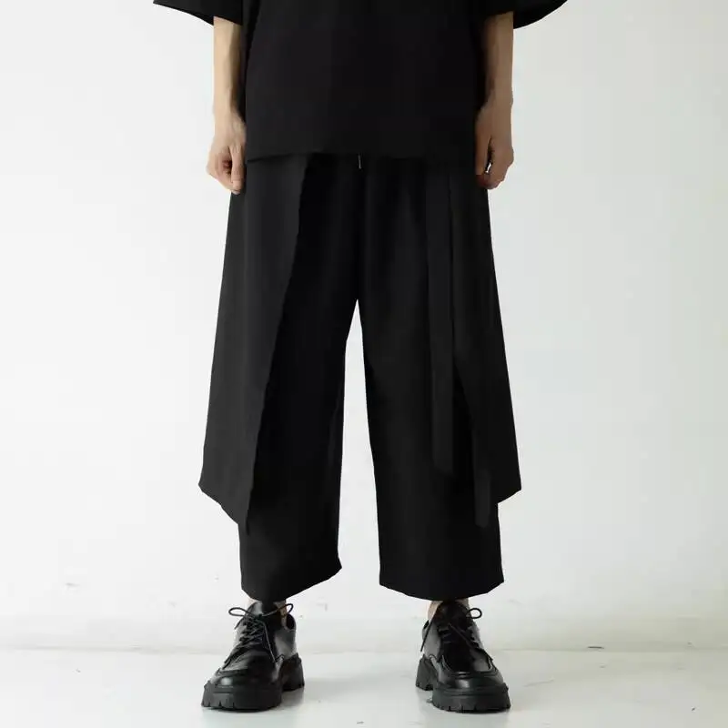 

Men's Casual Pants-Style Wide-Leg With Ribbon Layers, Dark Casual Cropped Pants, Japanese Original Trendy Brand Unisex Skirt Pan