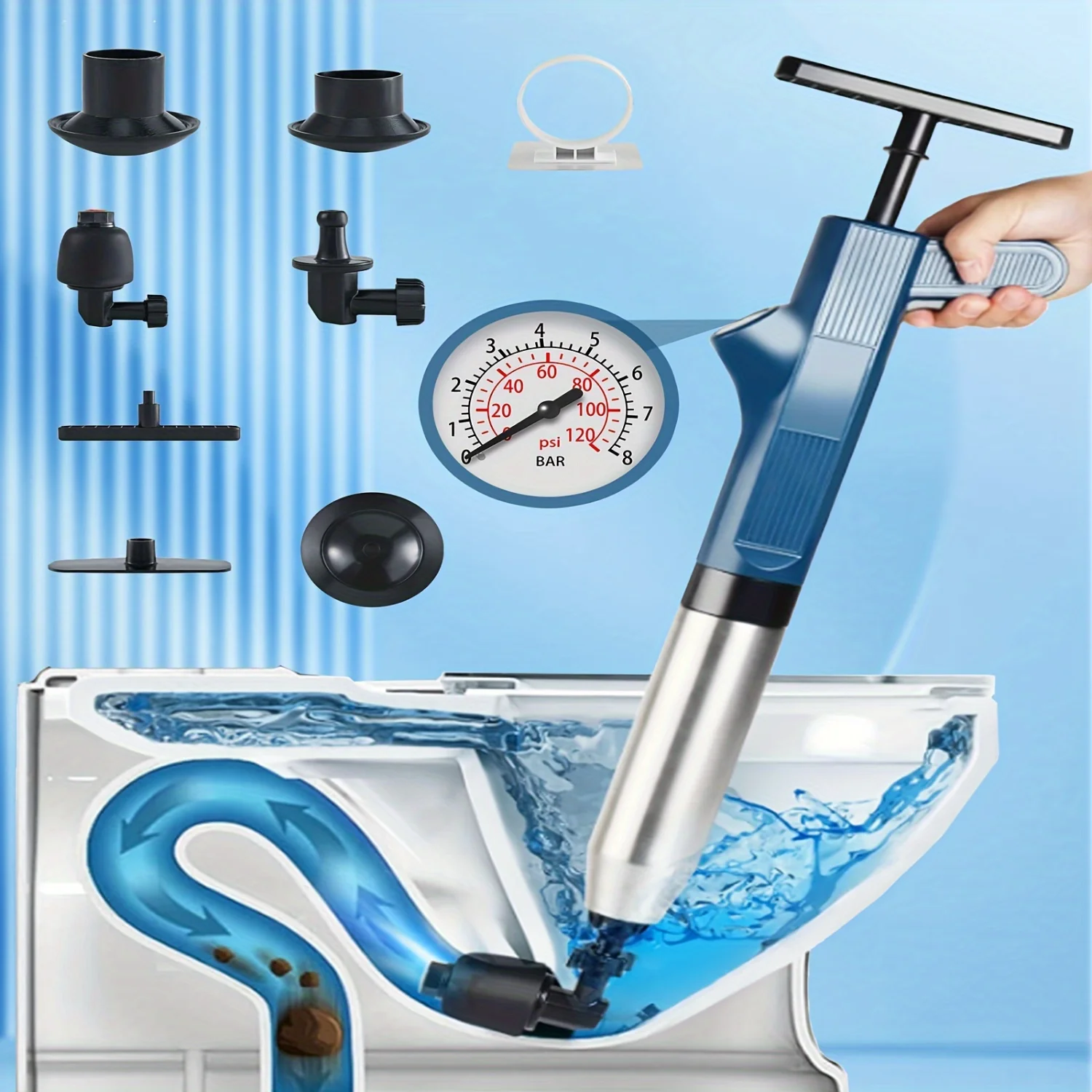 

Air Toilet Plunger Set - High-Pressure Clog Remover with Stainless Steel Snake, Effective Unclogger for Kitchen Sink, Bathroom,