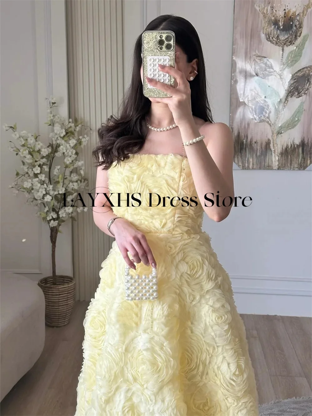 LAYXHS-vestidos de noche sin tirantes de lujo, vestidos de fiesta de flores con cordones, color amarillo, personalizados, пла Heiе Ramonч ». Khuе