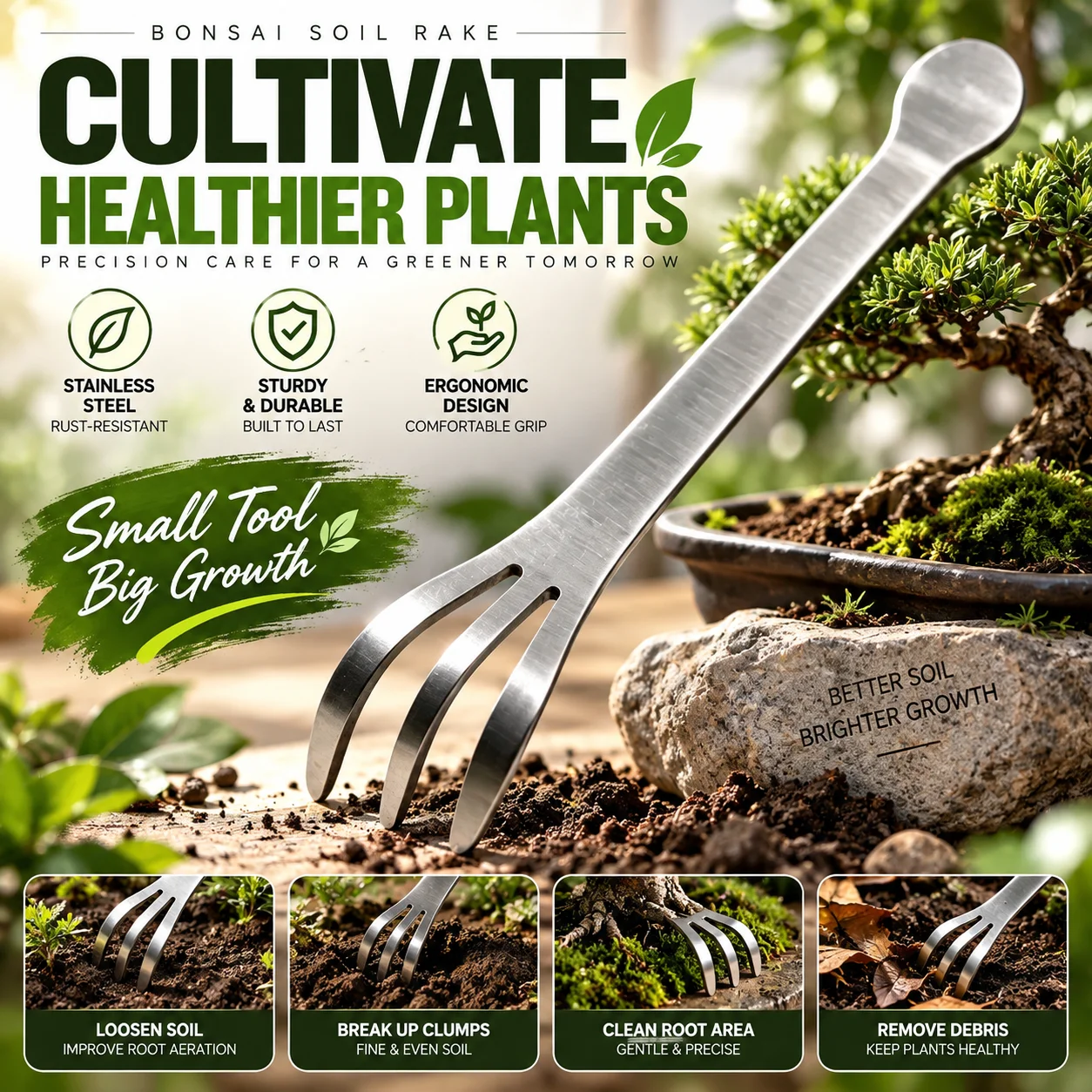 Stainless steel thickened soil loosening three-pronged rake for flower pots, soil tilling, weed removal, and earth turning.