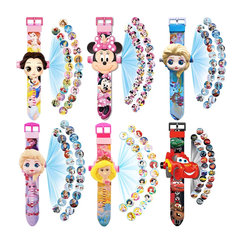 Disney Princess Elsa 24 Projection Watch Snow White Girls Toys Anime Minnie Digital Clock Student Wristwatches Children's Gifts