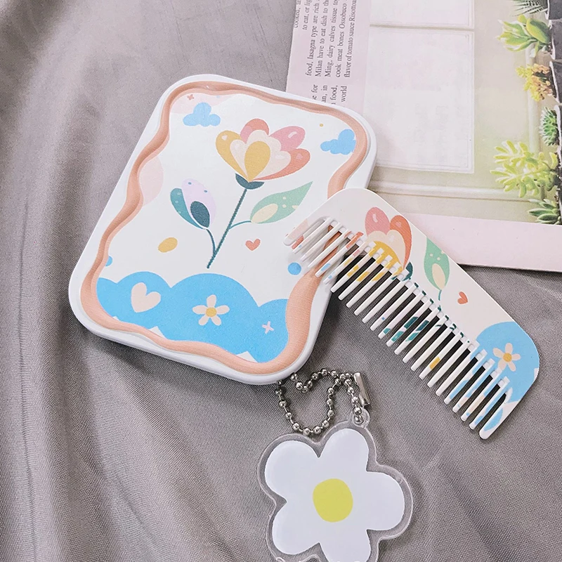 Cartoon Flower Pattern Flip-Top Folding Makeup Mirror Portable Pocket Mirror Rectangle Cosmetic Mirror With Comb For Women Girls