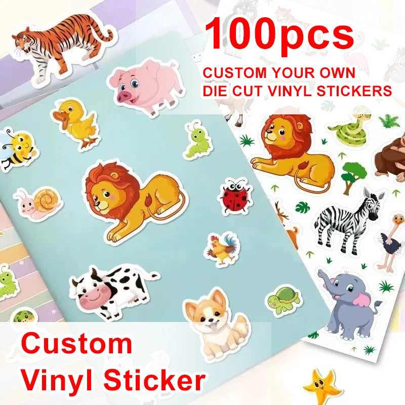 100pcs Custom Stickers PVC Waterproof Die Cut Vinyl Logo Design Brand Laptop Cute Personalized Sticker Glossy Film for Business