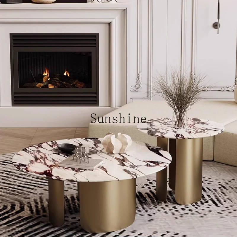 طاولة قهوة مستديرة من الرخام الإيطالي البسيط، شقة صغيرة منزلية فاخرة وخفيفة الوزن