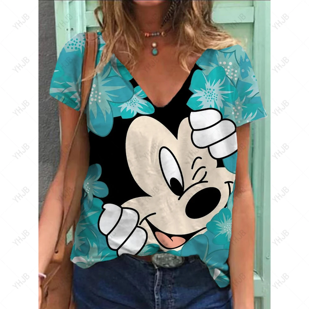 Disney donna 3D Topolino Tee moda scollo a V estate manica corta allentata streetwear abiti femminili maglietta casual da donna ﻿