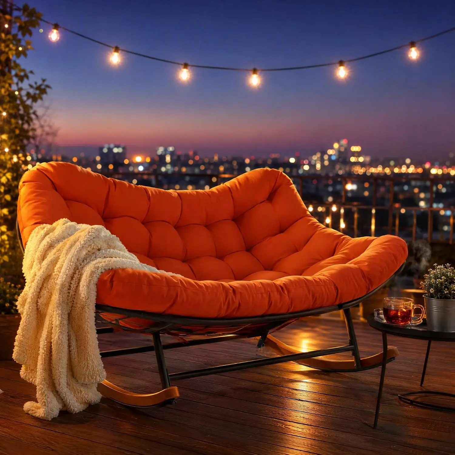 Double Papasan Rocking Chair Outdoor & Indoor, 660LBS Capacity Oversized Patio Rocking Chair for 2-Person with Thick Cushion