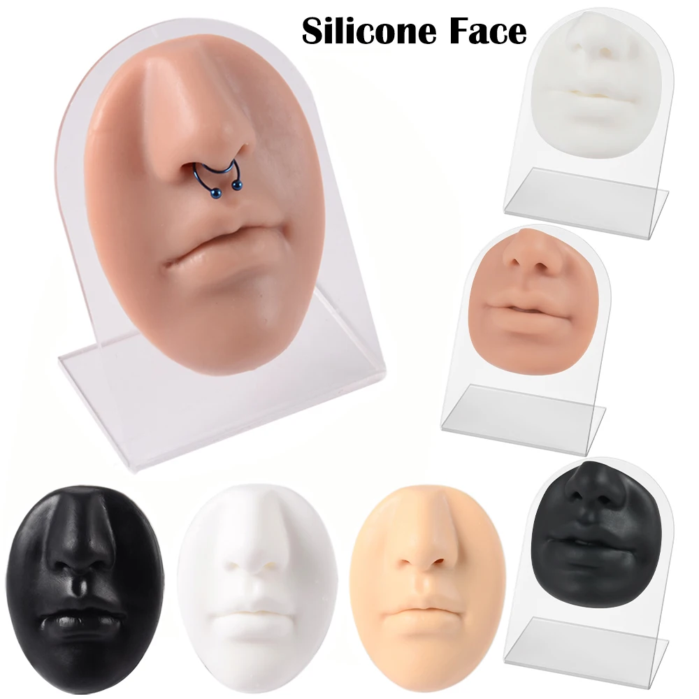 1PC Silicone Face Model Tattoo Puncture Practice Simulation Human Nose Mouth Body Part Display Nose Piercing Jewelry with Stand