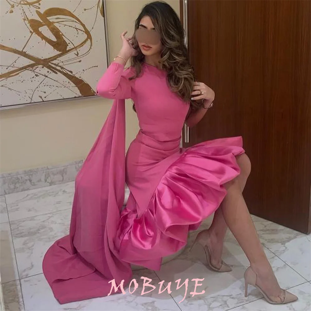 MOBUYE 2024 Popular One Shoulder Prom Dress Knee-Length With Long Sleeves Evening Fashion Elegant Party Dress For Women