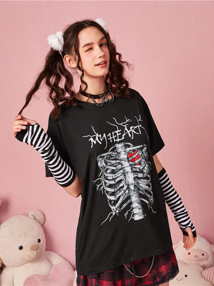 Academia Letter Skull heart Graphic Tee Women Summer Breathable Oversize Short Sleeve Casual Loose T Shirt Cotton O-Neck Tees