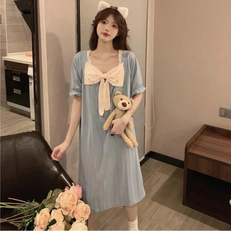 Nightgowns Women Kawaii Bow Schoolgirl Japanese Style Princess Sleepwear Thin Sweet Youth Lounge Short-sleeved Nightdress Ins