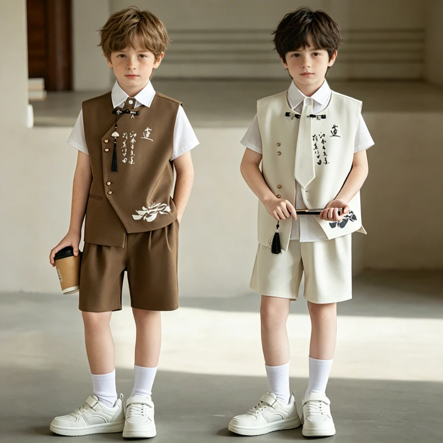 Boys Chinese Style 4Pcs Set Lotus Calligraphy Print Vest, Bamboo Shirt, Shorts Tie School Kids Summer Outfit for Festival Party