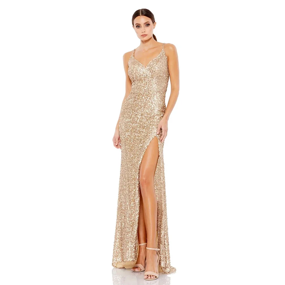 

Elegant Sequin Prom Dresses Sexy V-Neck Spaghetti Strap Floor-Length Mermaid Evening Dress Simple High Slit Backless Party Gown