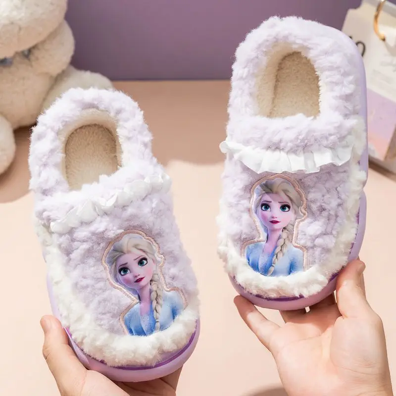 Disney Children\'s Cotton Slippers for Girls Indoor Home Lightweight Thick Bottom Heel Warm Anti slip Cute Princess Elsa Shoes