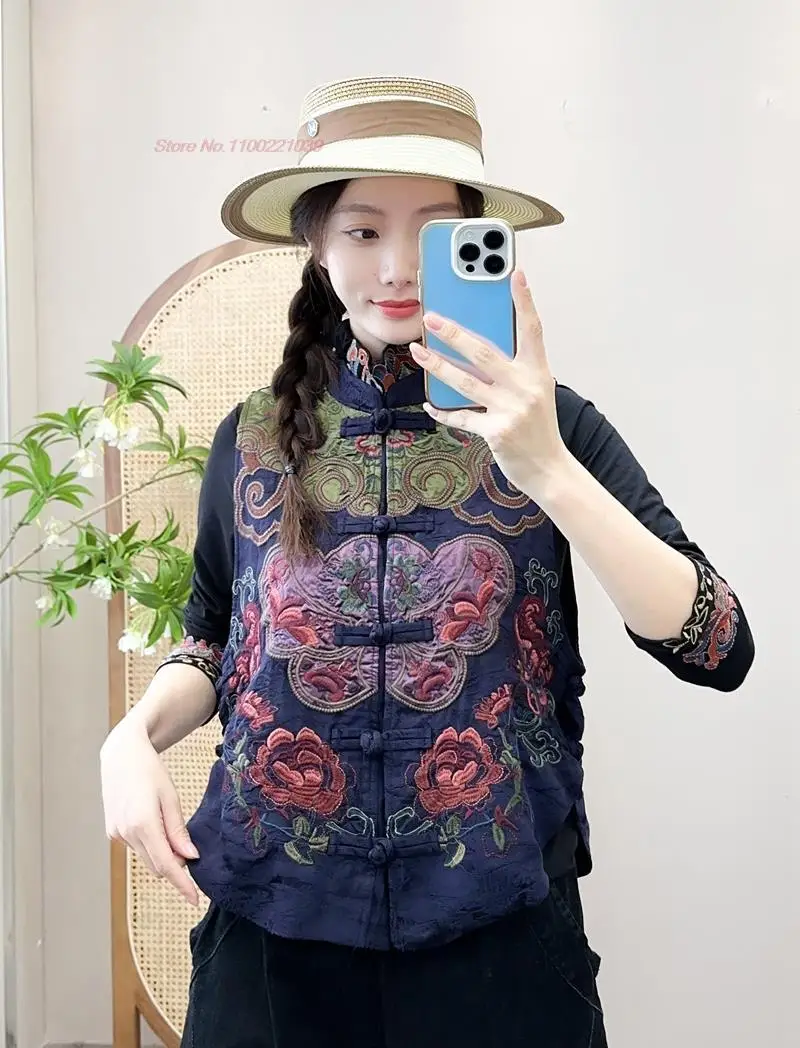 2024 national flower embroidery tang suit vest sleeveless gilet chinese traditional  jacquard vest ethnic vintage waistcoat