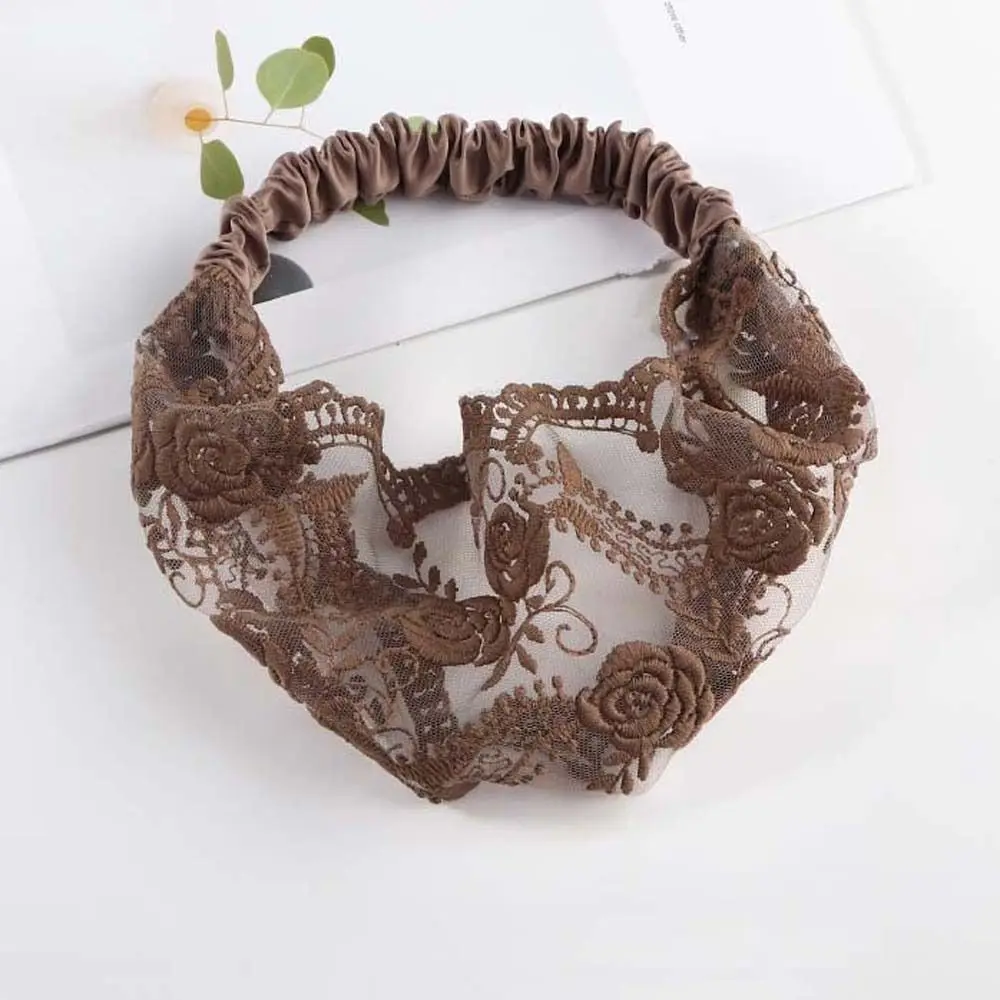 Non Slip Lace Flower Headband Hair Hoop Transparent Mesh Hollow Hairbands Korean Style Elastic Wide Side Head Wrap Mother