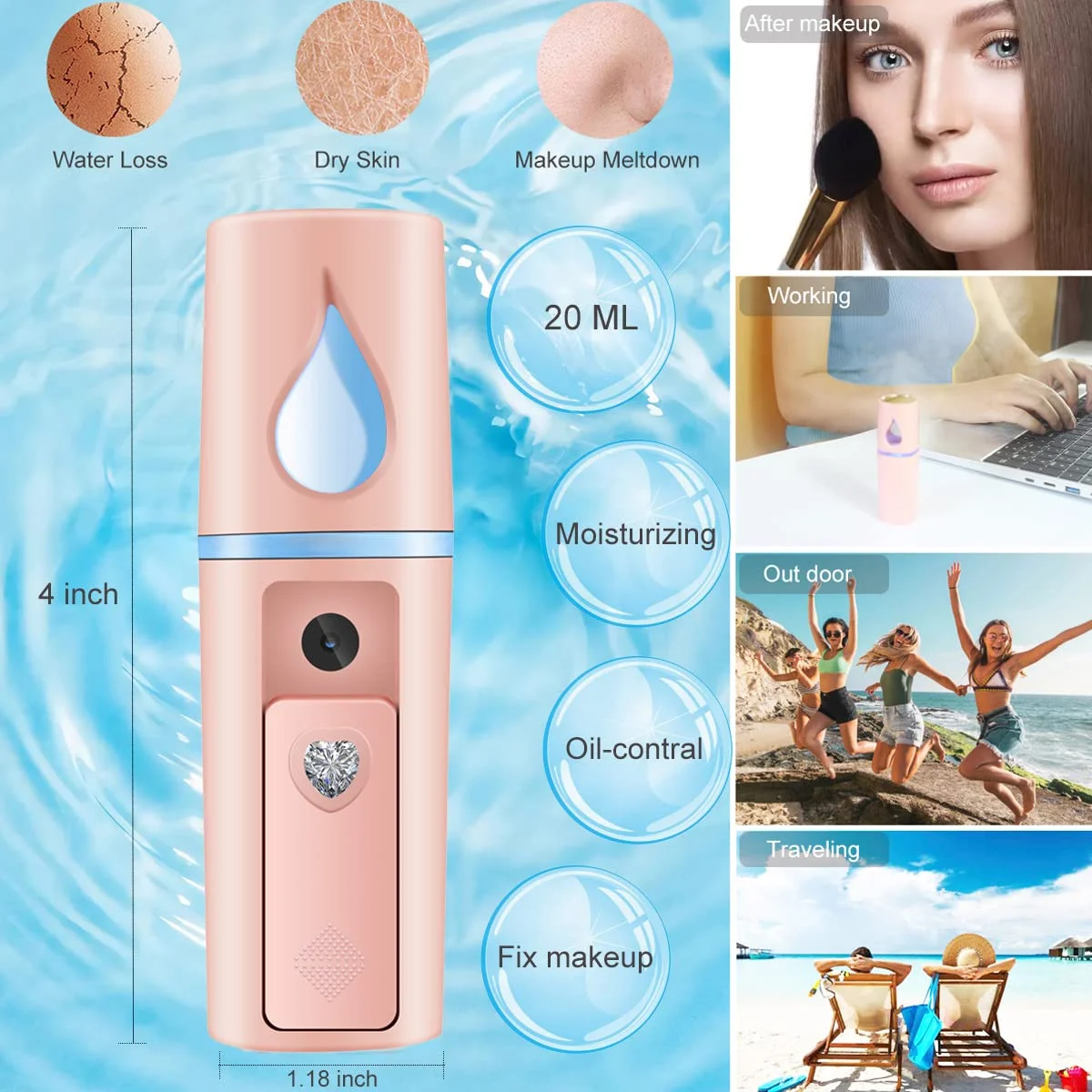 Nano Facial Mister Portable Mist Sprayer with Mirror Mini Cool Mist Spray for Skin Care Facial Body Moisturized - 4