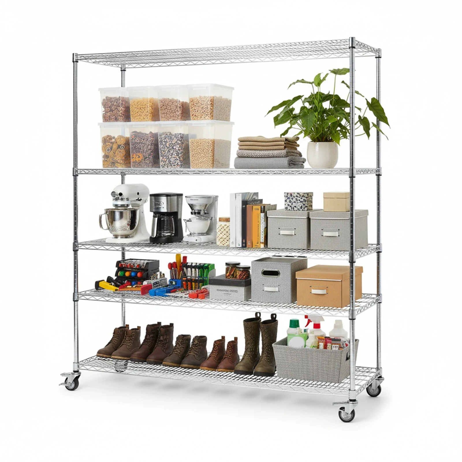 

5-уровневые стеллажи 70,87x59,76x23,98 дюйма и стеллаж для хранения на колесах Сверхмощные стеллажи для складских шкафов Кухня Школа