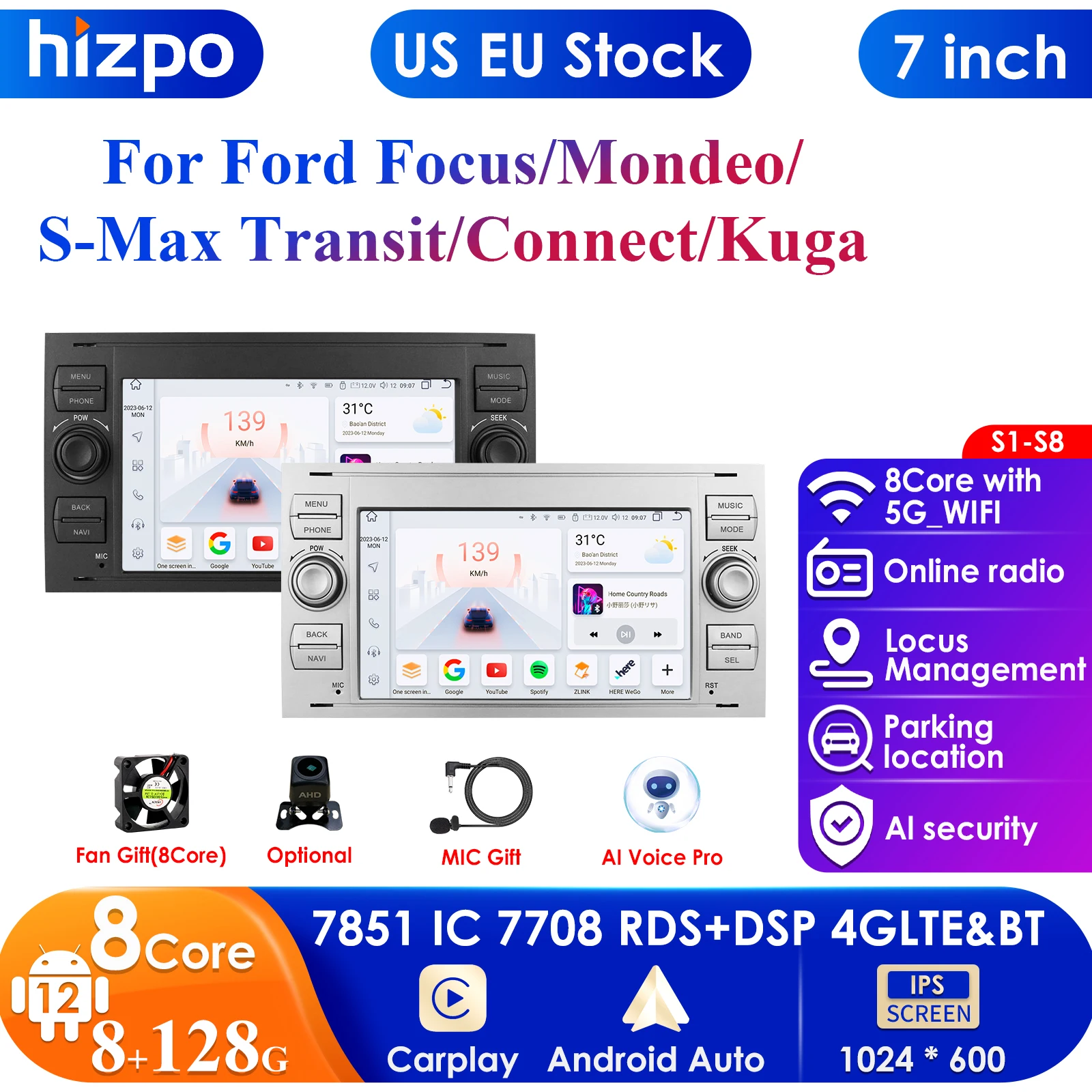 Radio mobil 8G + 128G 2din Android 13, Radio mobil untuk Ford Mondeo s-max fokus C-MAX Galaxy Fiesta Transit Fusion Connect Kuga Multimedia Carplay