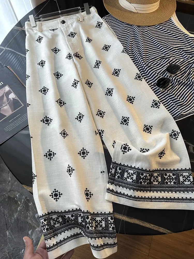 2025 Summer New Thin High Waist Wide Leg Pants for Women Fashion Retro Embroidered Casual Loose Pants Streetwear Women Y2k