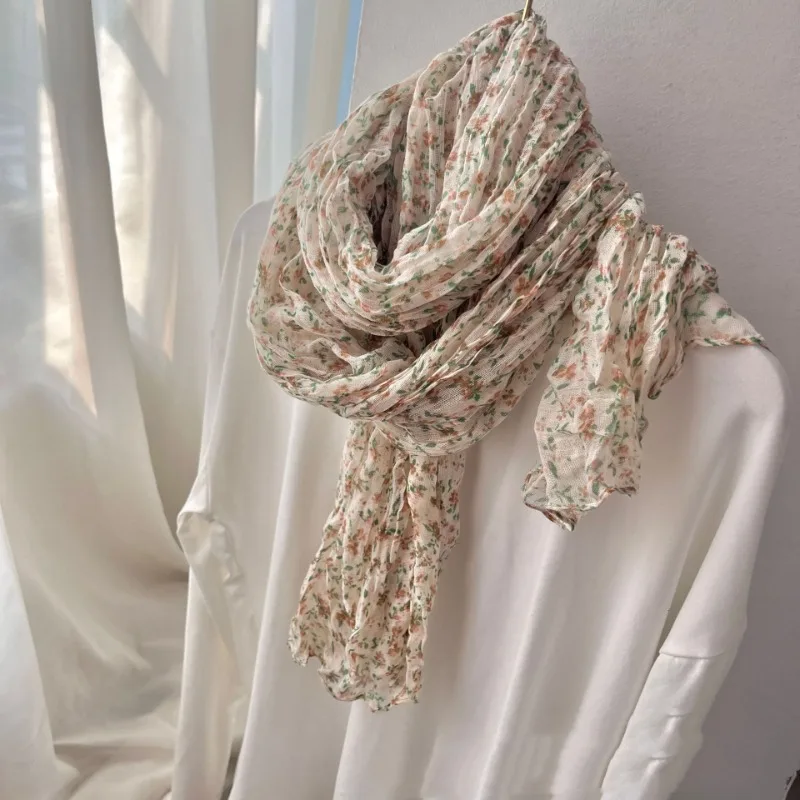 Floral Cotton and Linen Scarf New Korean Version Sunscreen Pleated Thin Retro Floral Printed Shawl Outer