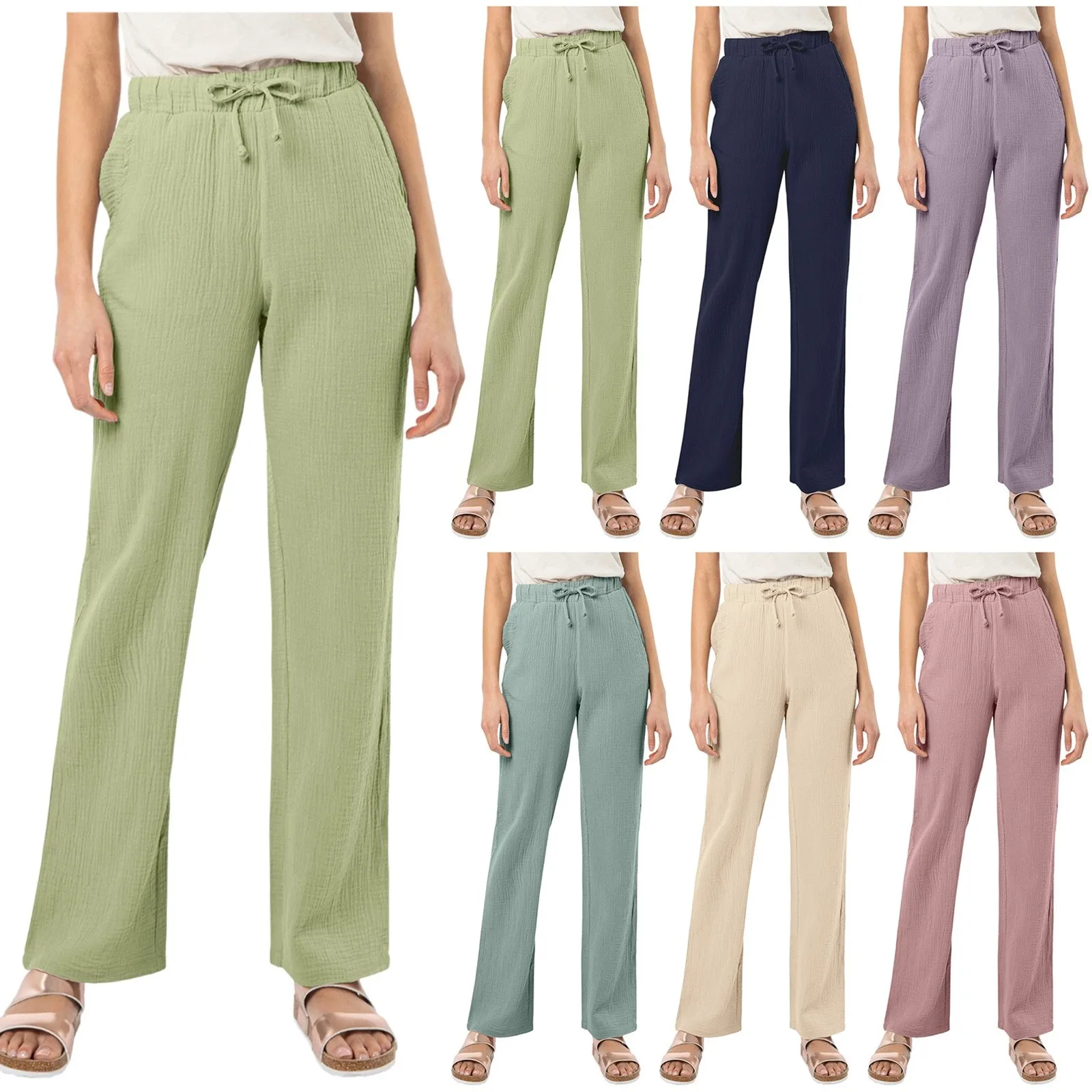 Calça feminina com cordão de perna larga, cintura elástica, calça monocromática, linho de algodão, solta, casual, senhora do escritório, primavera, verão