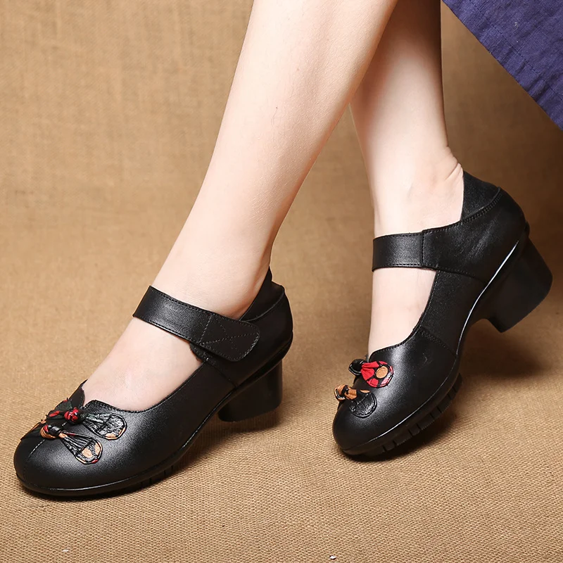 Plus Size 35-42 Geunine Leather Flats Woman Mom Ethnic Mary Jane Shoes Luxury Brand Mid-aged Chunky Heeled Pumps 2024 Spring New