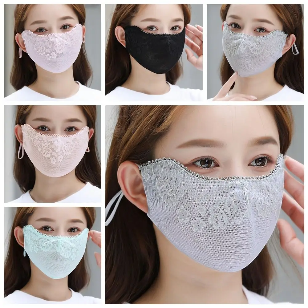 Flower Sunscreen Lace Mask Solid Color Hanging Ear Sunscreen Face Cover Adjustable Strap Breathable UV Protection Mask Hiking