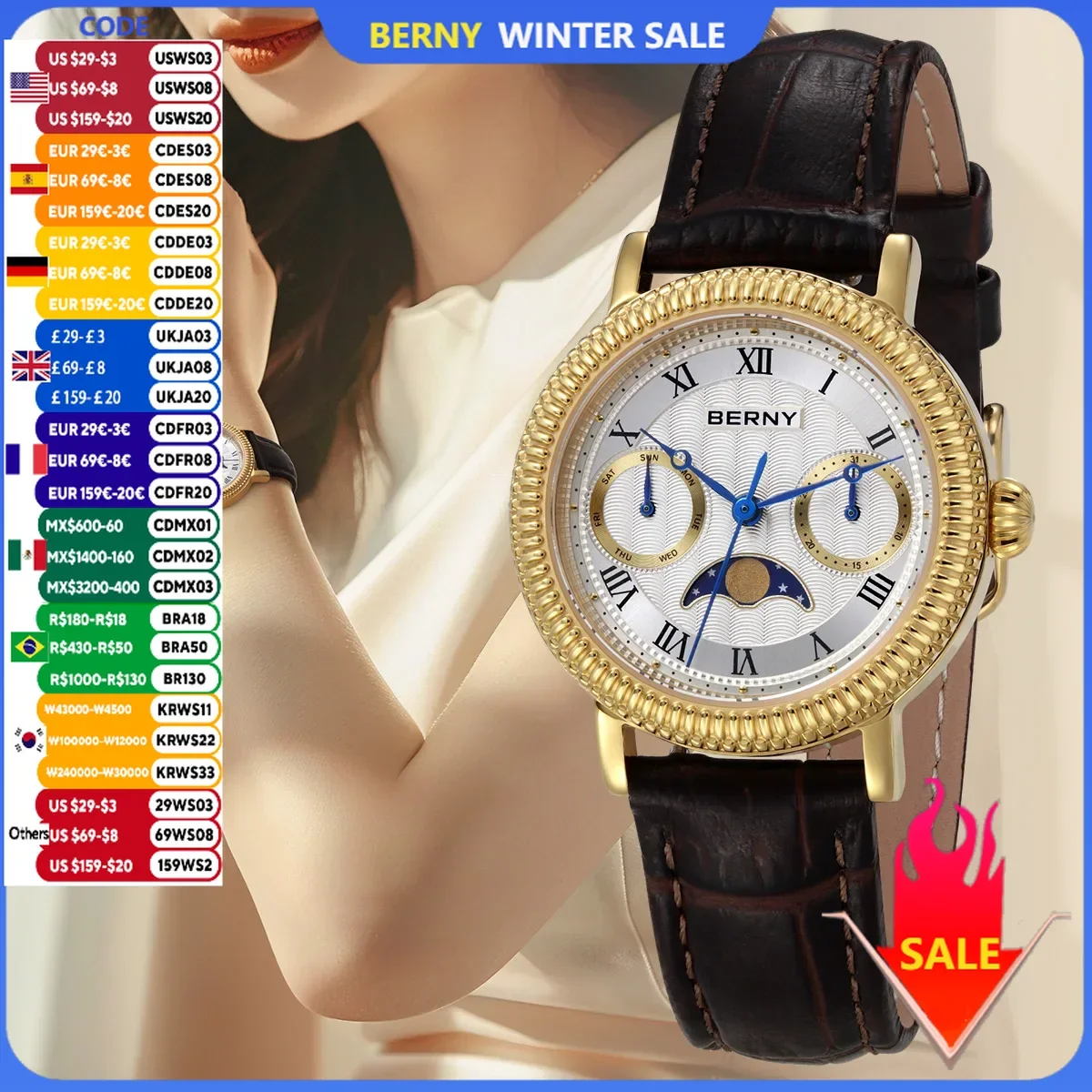 Relojes BERNY para mujer, calendario semanal, vestido de lujo de zafiro, reloj de cuarzo dorado para mujer, reloj de pulsera elegante Vintage con