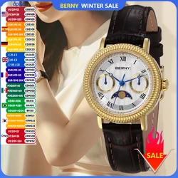 BERNY Watches for Women Week Calendar Sapphire Luxury Dress Ladies Gold Quartz Watch Elegant Vintage Moon Phase Wristwatch Gifts