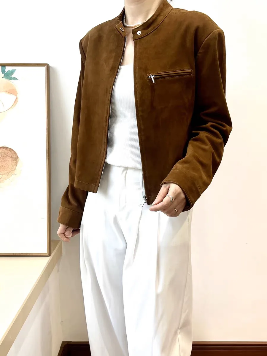 Retro Quality Leather Jacket For Women 2025 O-Neck Cashmere Suede Leather Coat Female Slimming Versatile Jaqueta Streetwear
