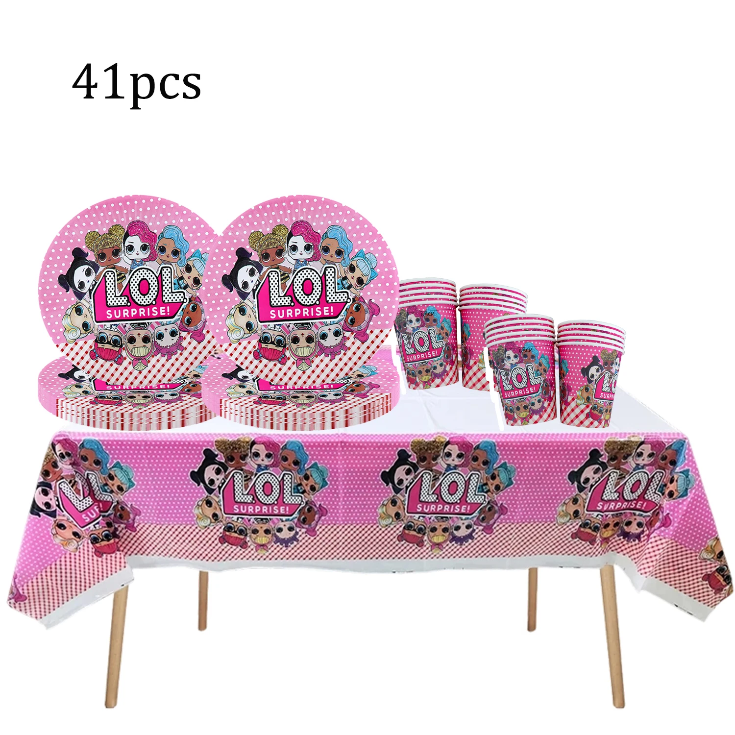 lol مفاجأة دمية حفلة عيد ميلاد موضوع الزينة أوراق لوحات أكواب راية مفرش المائدة القش مجموعة لإمدادات استحمام الطفل #6