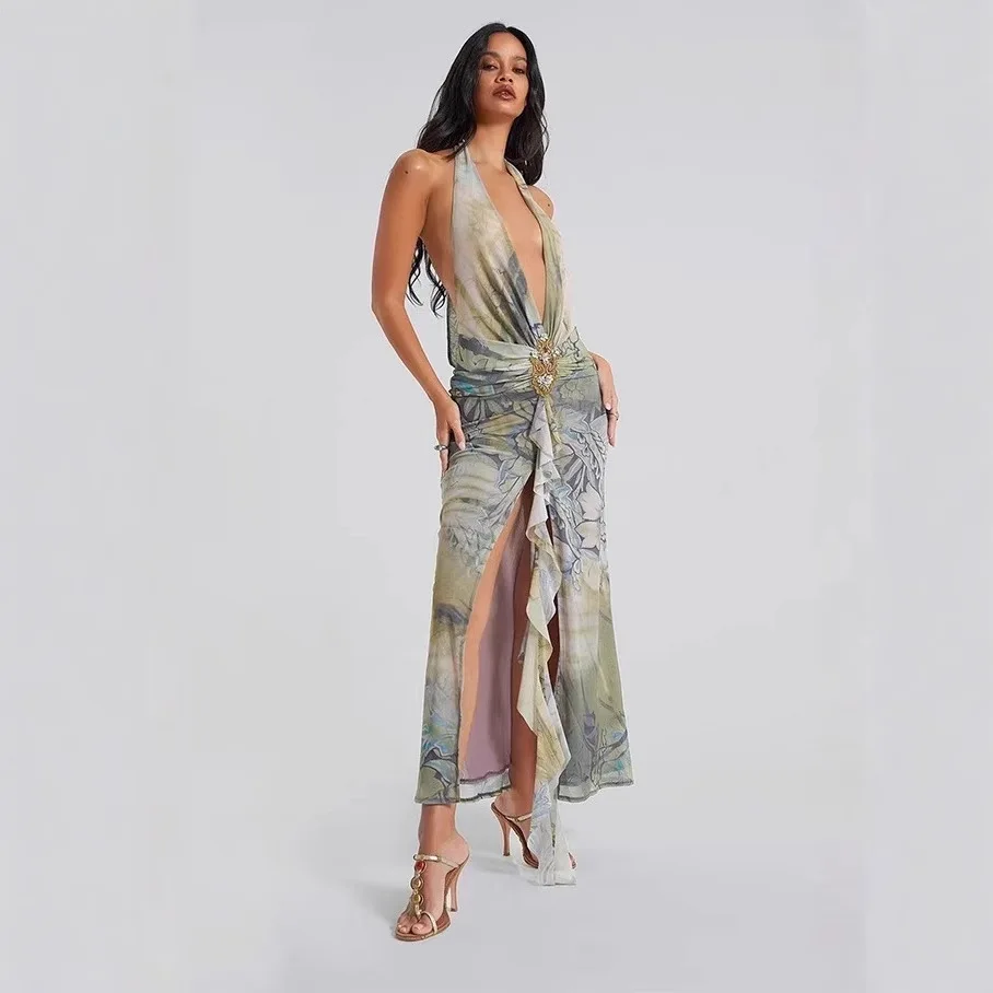 

Retro Printed Beach Holiday Deep V-neck Backless Maxi Dresses 2025 Summer Halter Ruffle Pleated High Slit Party Dress Prom Gown