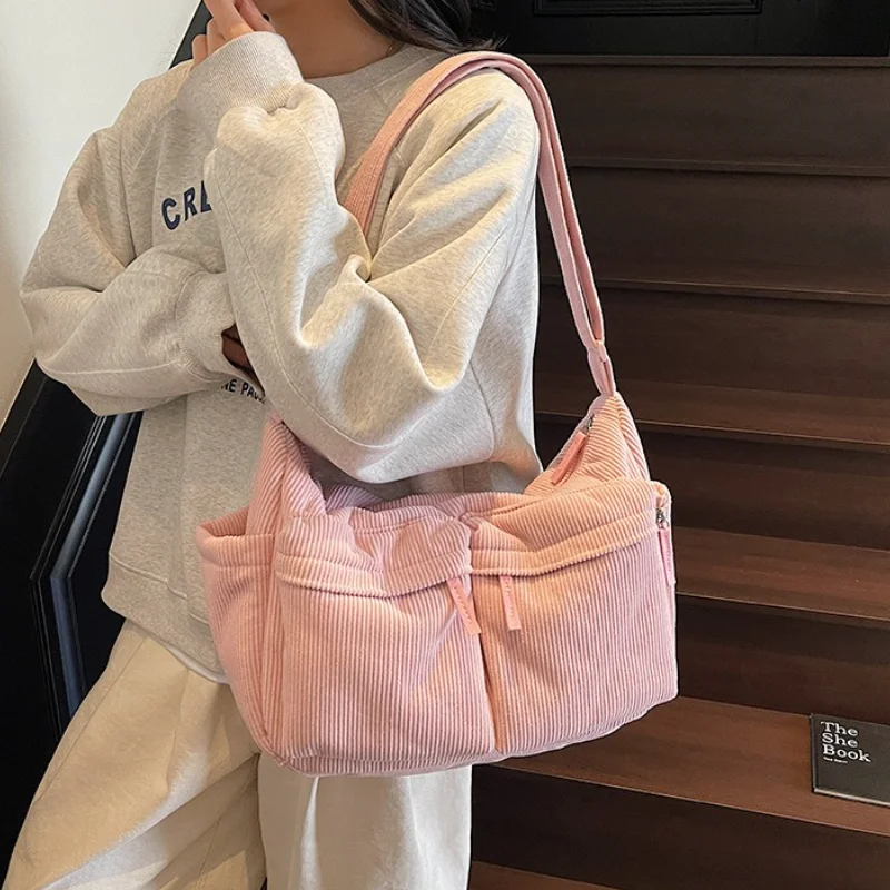

Large Capacity Corduroy Messenger Bag Women's Waterproof Casual Crossbody Bag Multi Pocket Workwear Style Single Shoulder Bag