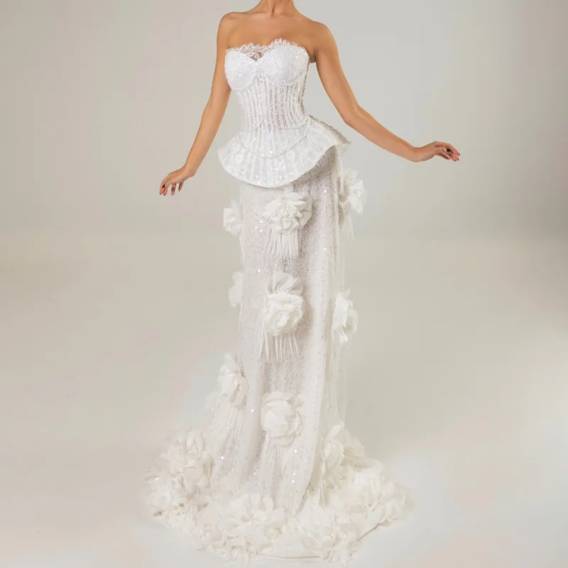 Shiny White Appliques Wedding Dresses off-shoulder fishtail Sequin decal 3D flower decal Long tail Bridal Gowns Made Customized