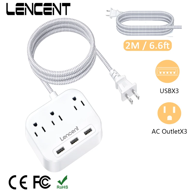 LENCENT Power Strip with 3 AC Outlets 3 USB 3 Prong to 2 Prong Outlet Adapter 6.6ft Braided Extension Cord with Polarized Plug