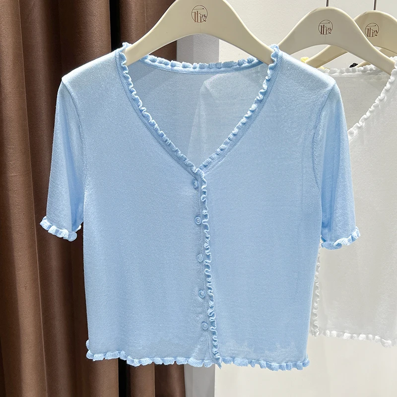 

Тонкий женский вязаный кардиган Tencel, топ с v-образным вырезом и оборками, короткими рукавами, пляжной шалью и юбкой на подтяжках.