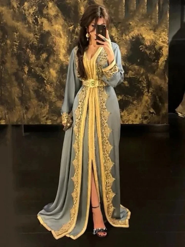 

Moroccan Kaftan Dress Luxury Gold Embroidered Abaya Long Sleeve Elegant Arabian Evening Gown 2025 Ramadan Party OutfitCustomized