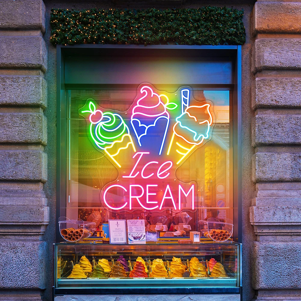 Ice Cream Neon Sign Customized Ice Cream Shop Wall Decor Neon Light Dessert Store Decoration Business Logo Led Light Signs