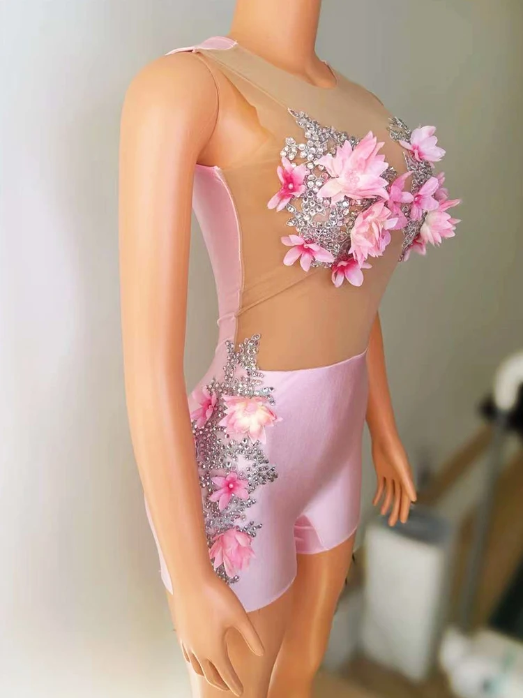 Macacão Veja Através De Malha Feminina, Bodysuit De Flores Rosa, Traje De Performance De Palco, Roupa De Carnaval, Sessão De Fotos, Festa, Carnaval, Moda