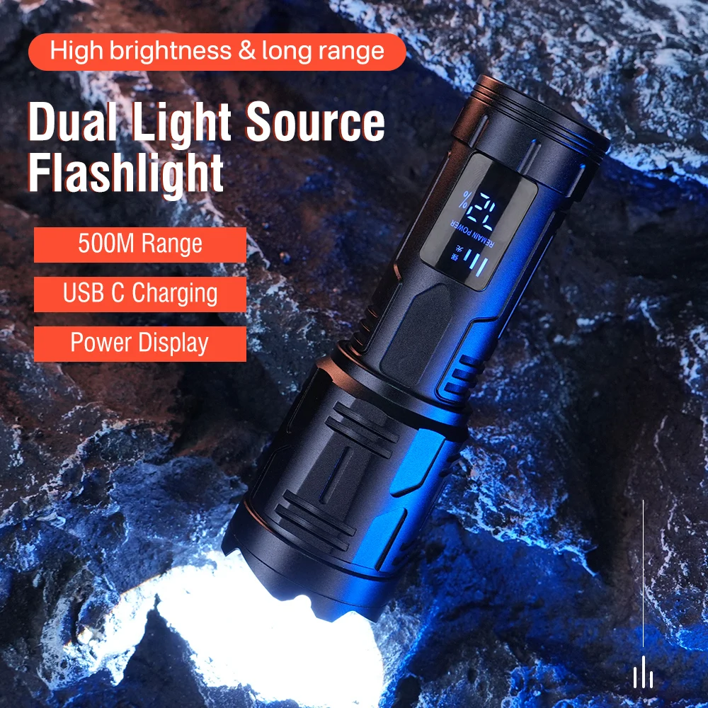 BORUIT-linternas Led de alta potencia, linterna con zoom para acampar, recargable, pantalla digital, iluminación al aire libre, pesca, senderismo, portátil