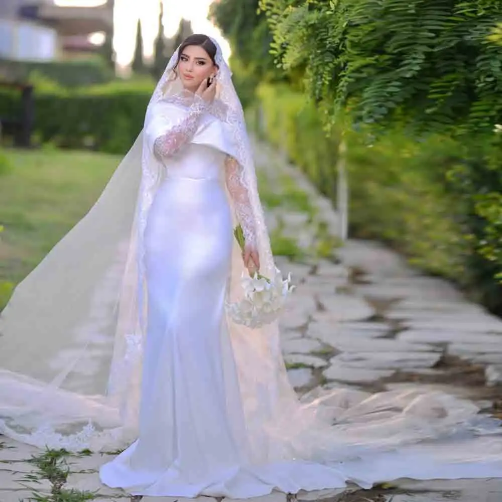 Customized Minimalist White Satin Bridal Gown Off Shoulder Fold Neck Sheer Lace Long Sleeve Wedding Dress Vestido Novia