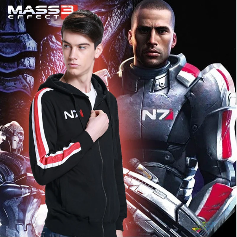 Mass Effect Bluza Mężczyźni Czarny Anime Bluza z kapturem Bluza damska Embordery Gruby polar Ciepła bluza Cosplay N7 Streetwear