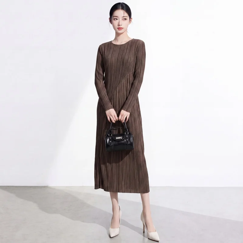 Miyake Pleated Women Brown Round Neck Pleated Dress, Long Sleeve Midi Dress, Slim Fit Textured Casual Dress