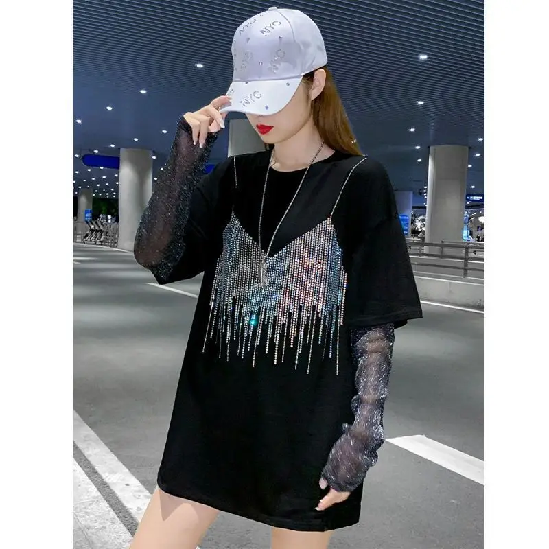 Women Spring Summer Fashion Net Yarn Patchwork Diamonds O-neck Long Sleeve T-Shirt Ladies Casual Office Lady All-match Tops